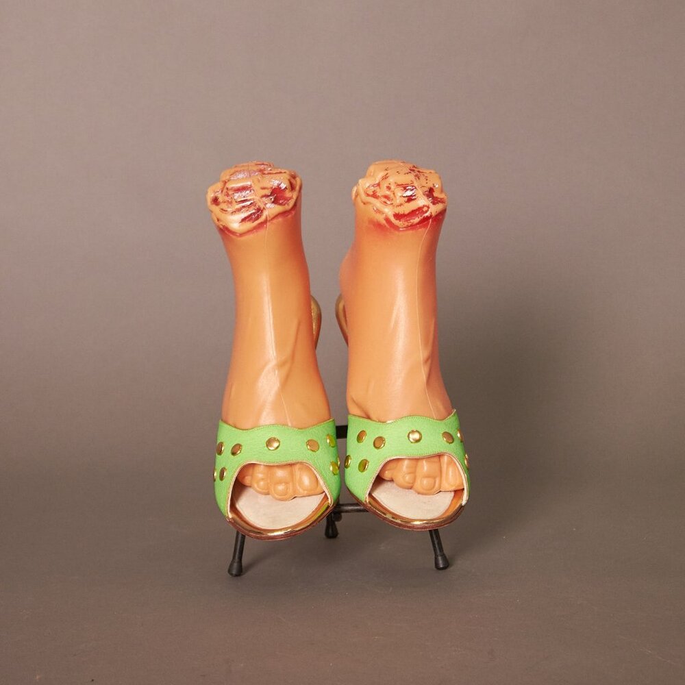 1950s Neon Green Gold Stud Boomerang Open Toe Heels